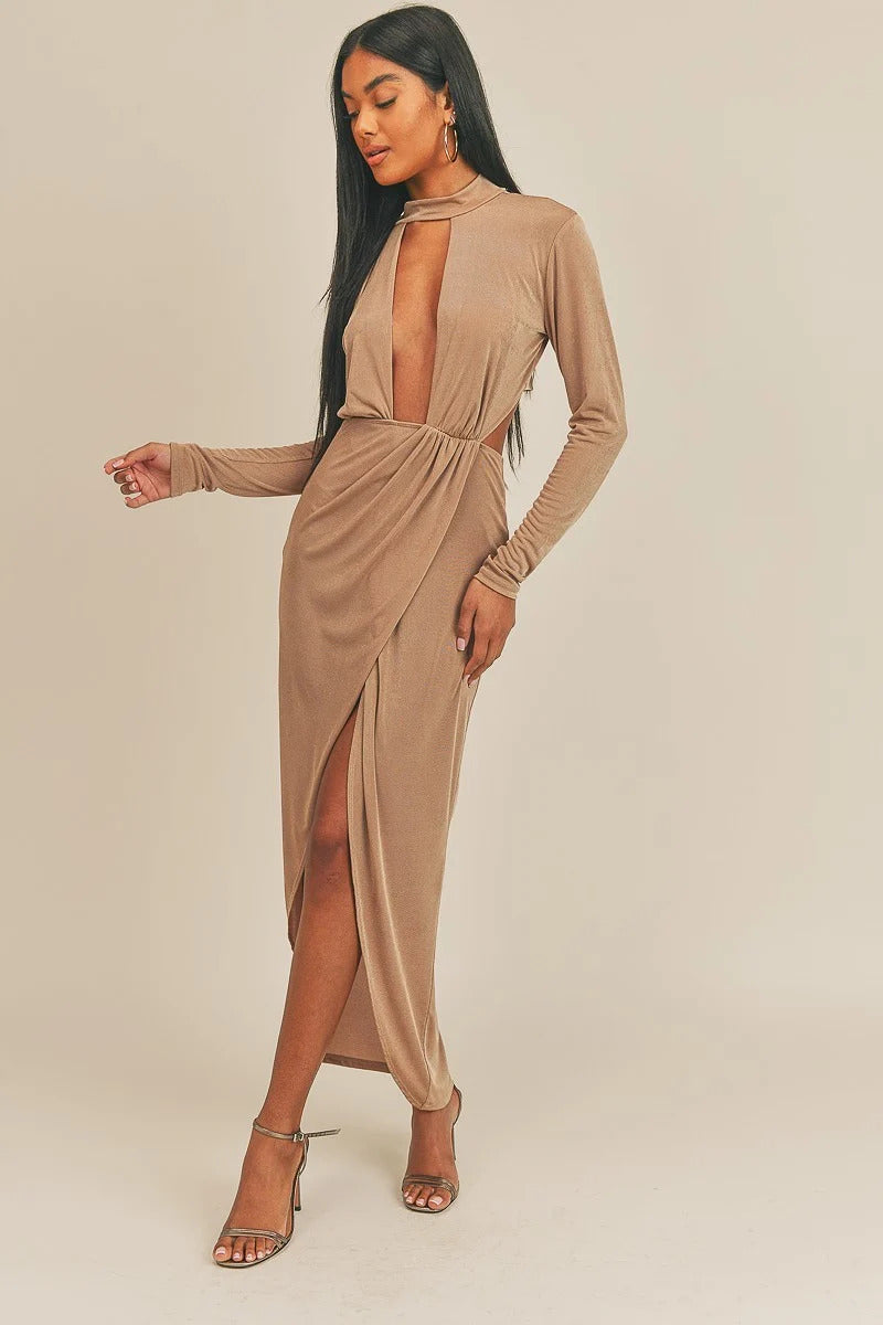 PECAN BROWN OPEN FRONT DRESS
