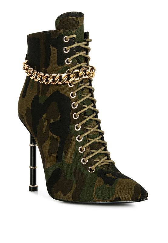 MOULIN RINGED STILETTO CAMOUFLAGE ANKLE BOOT
