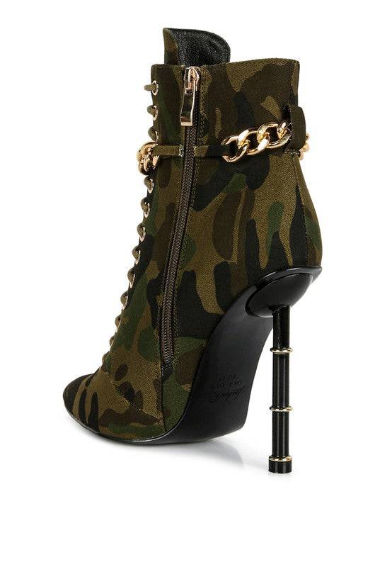 MOULIN RINGED STILETTO CAMOUFLAGE ANKLE BOOT