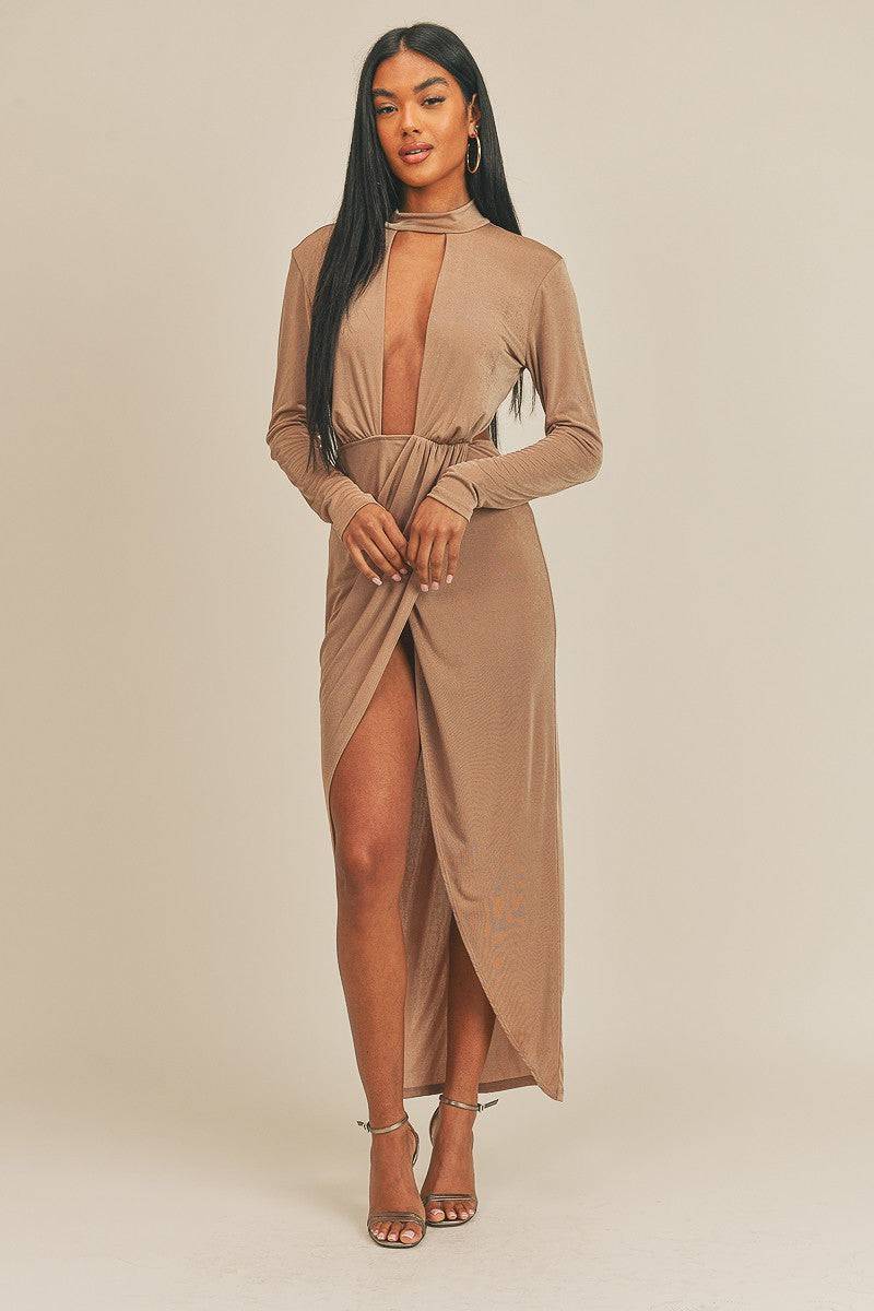 PECAN BROWN OPEN FRONT DRESS