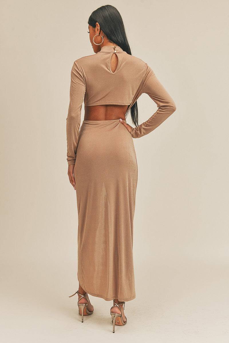 PECAN BROWN OPEN FRONT DRESS