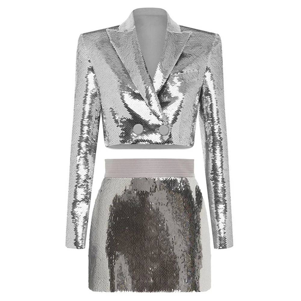SPARKLING SILVER SEQUIN BLAZER MINI SKIRT