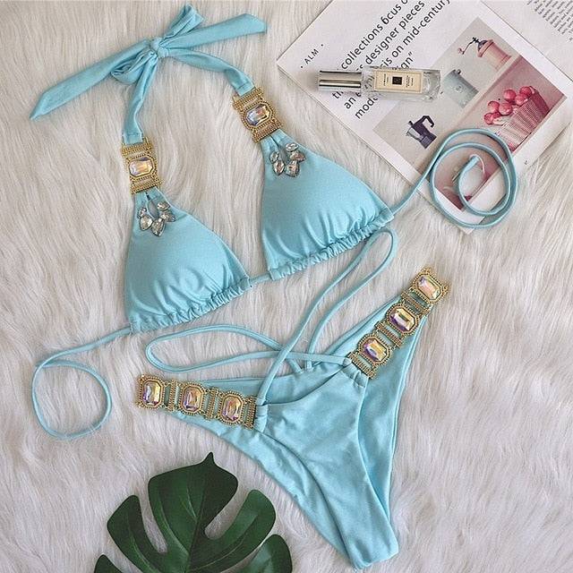 Luxury Crystal Thong String Bikini Set