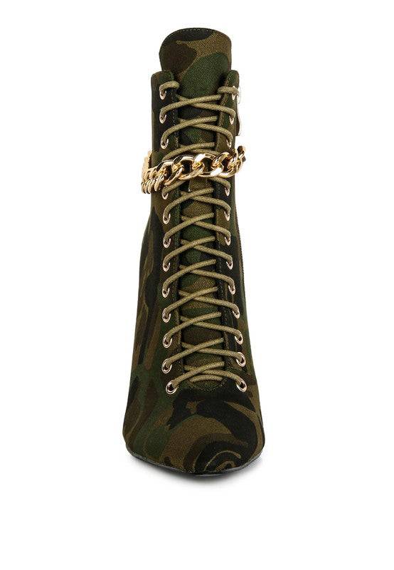 MOULIN RINGED STILETTO CAMOUFLAGE ANKLE BOOT