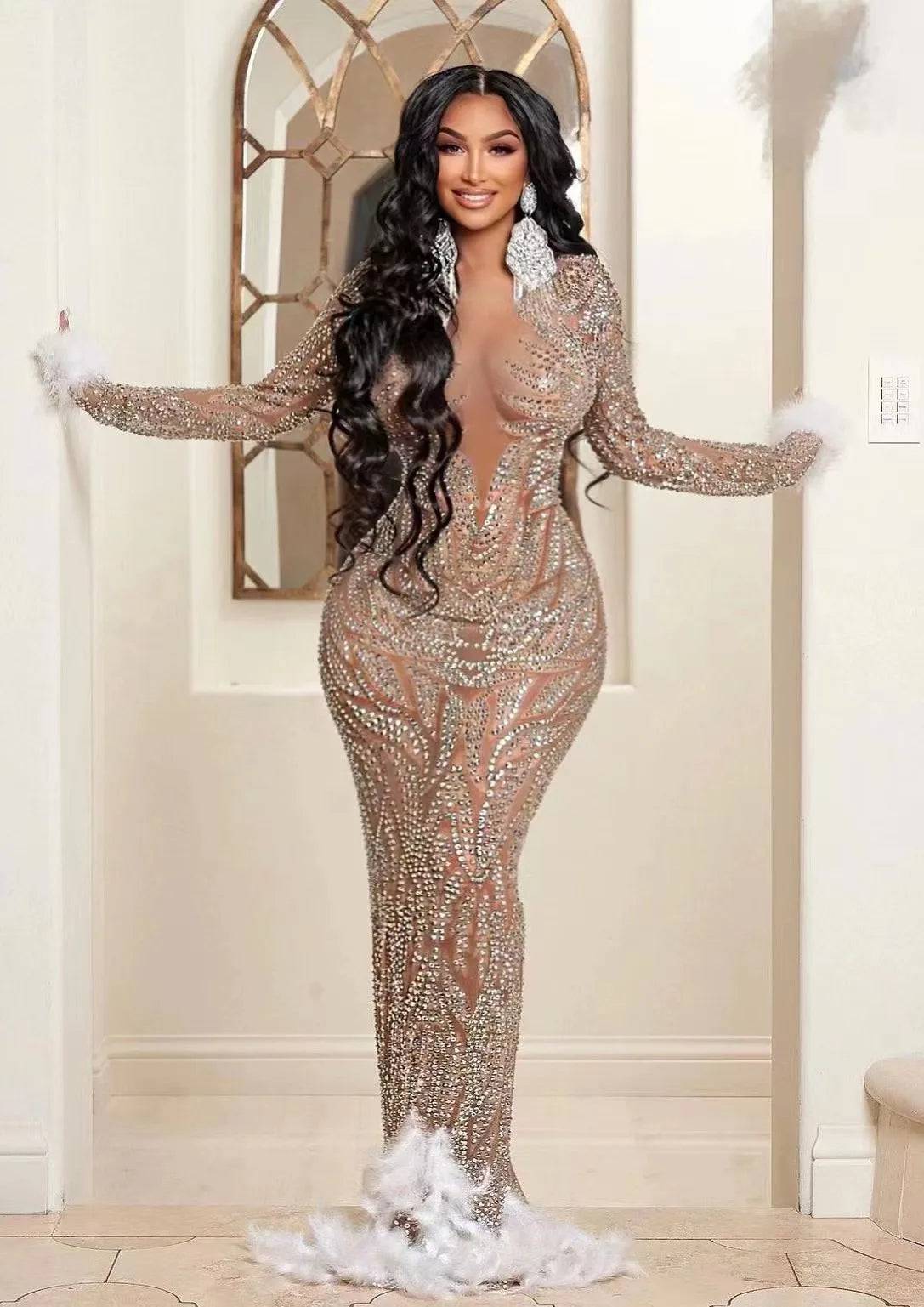 FEATHER MESH NUDE LONG DRESS