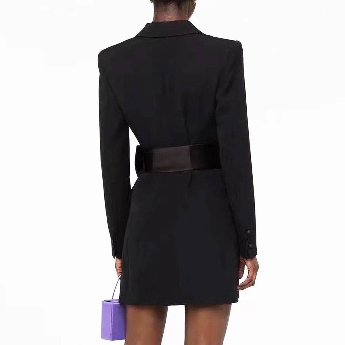 Sleek Elegance Bow-Belted Black Blazer Dress