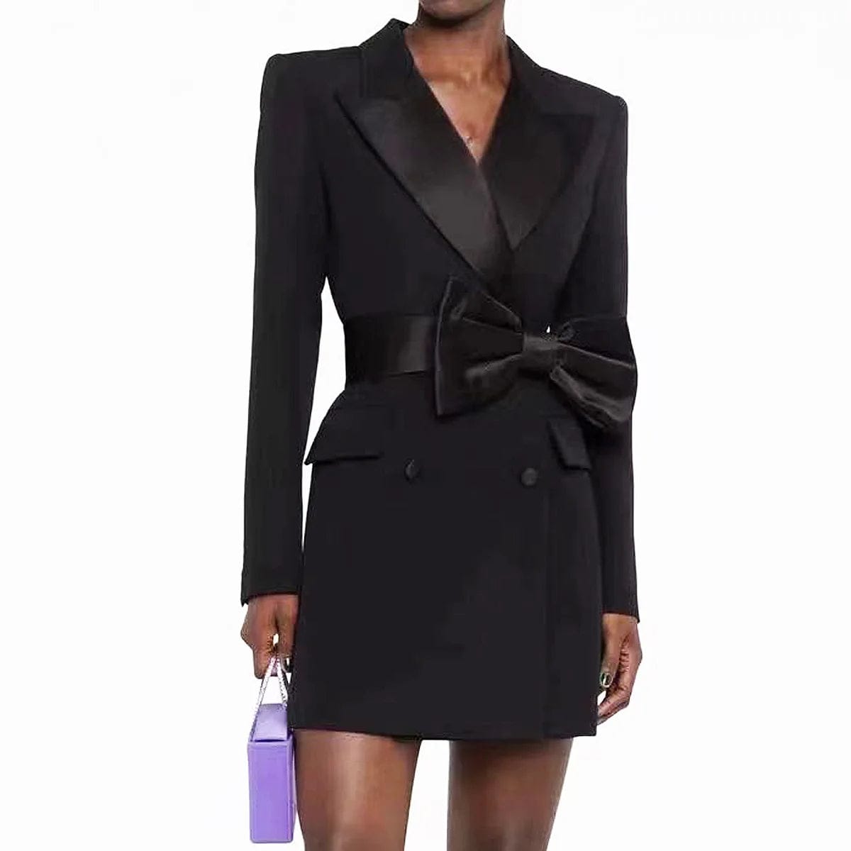SLEEK ELEGANCE BOW-BELTED BLACK BLAZER DRESS